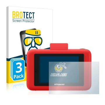 Face avant d’un emballage produit avec le logo de la marque BROTECT. À côté, l’appareil Polaroid Snap Touch est représenté ave