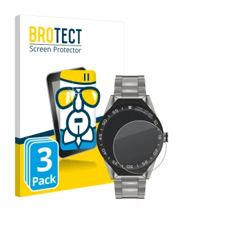 Face avant d’un emballage produit avec le logo de la marque BROTECT. À côté, l’appareil TAG Heuer Connected Modular 45 est rep