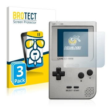 Face avant d’un emballage produit avec le logo de la marque BROTECT. À côté, l’appareil Nintendo Gameboy Pocket est représenté