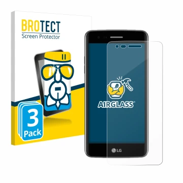 Face avant d’un emballage produit avec le logo de la marque BROTECT. À côté, l’appareil LG K8 2017 est représenté avec la prot