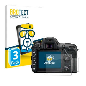 Face avant d’un emballage produit avec le logo de la marque BROTECT. À côté, l’appareil Nikon D7500 est représenté avec la pro