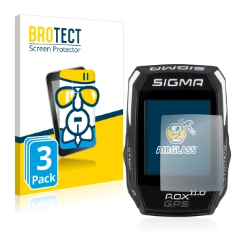 Face avant d’un emballage produit avec le logo de la marque BROTECT. À côté, l’appareil Sigma ROX GPS 11.0 est représenté avec