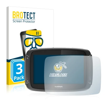 Face avant d’un emballage produit avec le logo de la marque BROTECT. À côté, l’appareil TomTom Rider 450 est représenté avec l