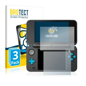 Face avant d’un emballage produit avec le logo de la marque BROTECT. À côté, l’appareil Nintendo 2DS XL est représenté avec la
