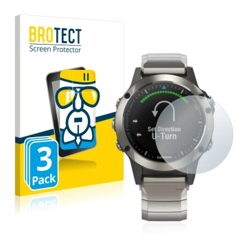 Face avant d’un emballage produit avec le logo de la marque BROTECT. À côté, l’appareil Garmin quatix 5 est représenté avec la