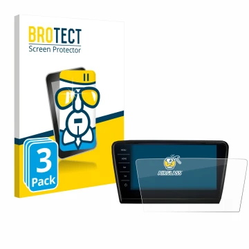 Face avant d’un emballage produit avec le logo de la marque BROTECT. À côté, l’appareil Skoda Octavia 2017 Infotainment System