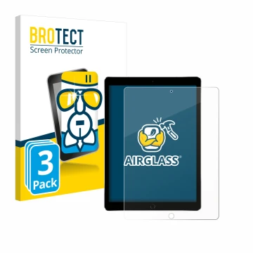 Face avant d’un emballage produit avec le logo de la marque BROTECT. À côté, l’appareil Apple iPad Pro 12.9