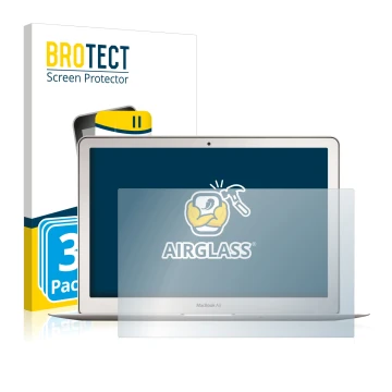 Face avant d’un emballage produit avec le logo de la marque BROTECT. À côté, l’appareil Apple MacBook Air 13
