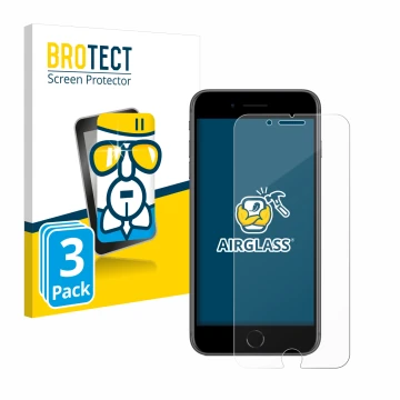 Face avant d’un emballage produit avec le logo de la marque BROTECT. À côté, l’appareil Apple iPhone 8 Plus est représenté ave