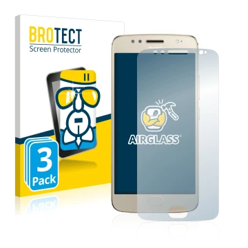 Face avant d’un emballage produit avec le logo de la marque BROTECT. À côté, l’appareil Motorola Moto G5S est représenté avec 