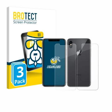 Face avant d’un emballage produit avec le logo de la marque BROTECT. À côté, l’appareil Apple iPhone X (Avant+Arrière) est rep