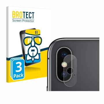 Face avant d’un emballage produit avec le logo de la marque BROTECT. À côté, l’appareil Apple iPhone X (Caméra UNIQUEMENT) est