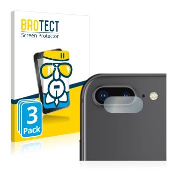 Face avant d’un emballage produit avec le logo de la marque BROTECT. À côté, l’appareil Apple iPhone 8 Plus (Caméra UNIQUEMENT