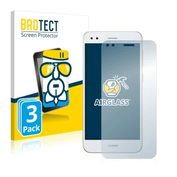 Face avant d’un emballage produit avec le logo de la marque BROTECT. À côté, l’appareil Huawei P9 Lite Mini est représenté ave