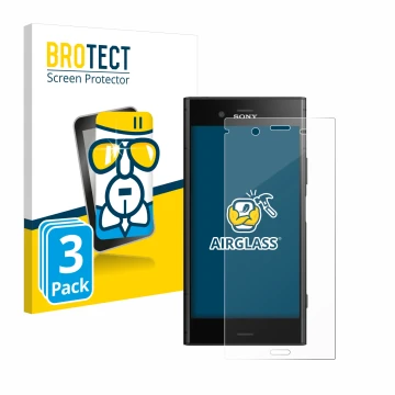 Face avant d’un emballage produit avec le logo de la marque BROTECT. À côté, l’appareil Sony Xperia XZ1 est représenté avec la