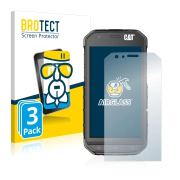 Face avant d’un emballage produit avec le logo de la marque BROTECT. À côté, l’appareil Caterpillar Cat S31 est représenté ave