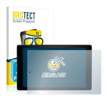 Face avant d’un emballage produit avec le logo de la marque BROTECT. À côté, l’appareil Amazon Fire HD 10 2017 (7ème Gen.) est