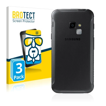 Face avant d’un emballage produit avec le logo de la marque BROTECT. À côté, l’appareil Samsung Galaxy XCover 4 (Caméra UNIQUE