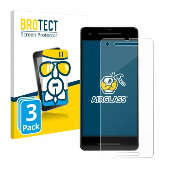 Face avant d’un emballage produit avec le logo de la marque BROTECT. À côté, l’appareil Google Pixel 2 est représenté avec la 