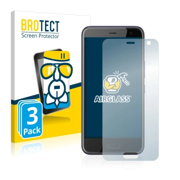 Face avant d’un emballage produit avec le logo de la marque BROTECT. À côté, l’appareil HTC U11 Life est représenté avec la pr