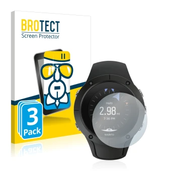Face avant d’un emballage produit avec le logo de la marque BROTECT. À côté, l’appareil Suunto Spartan Trainer Wrist HR est re