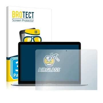 Face avant d’un emballage produit avec le logo de la marque BROTECT. À côté, l’appareil Apple MacBook Retina 12