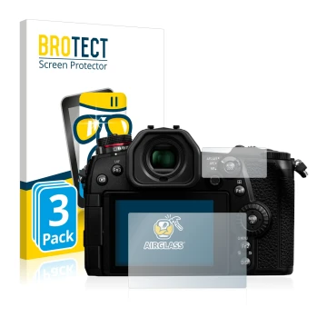 Face avant d’un emballage produit avec le logo de la marque BROTECT. À côté, l’appareil Panasonic Lumix DC-G9 est représenté a