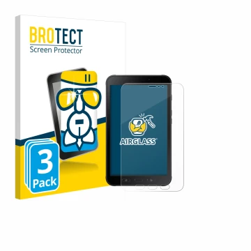 Face avant d’un emballage produit avec le logo de la marque BROTECT. À côté, l’appareil Samsung Galaxy Tab Active 2 est représ