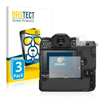 Face avant d’un emballage produit avec le logo de la marque BROTECT. À côté, l’appareil Fujifilm X-H1 est représenté avec la p