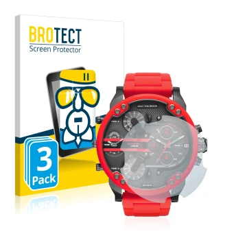 Face avant d’un emballage produit avec le logo de la marque BROTECT. À côté, l’appareil Diesel DZ7370 est représenté avec la p