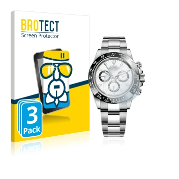Face avant d’un emballage produit avec le logo de la marque BROTECT. À côté, l’appareil Rolex Cosmograph Daytona (40 mm) est r