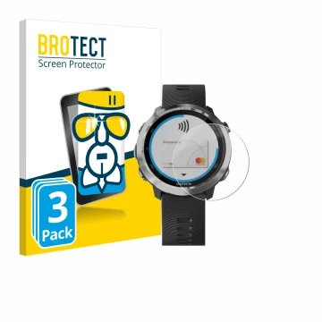 Face avant d’un emballage produit avec le logo de la marque BROTECT. À côté, l’appareil Garmin Forerunner 645 est représenté a