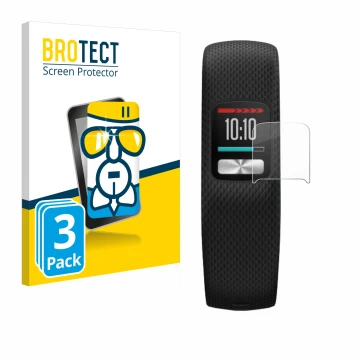 Face avant d’un emballage produit avec le logo de la marque BROTECT. À côté, l’appareil Garmin Vivofit 4 est représenté avec l