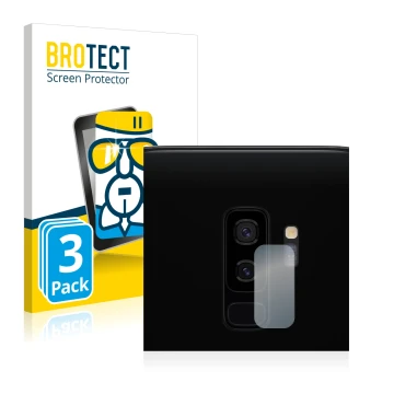 Face avant d’un emballage produit avec le logo de la marque BROTECT. À côté, l’appareil Samsung Galaxy S9 Plus (Caméra UNIQUEM