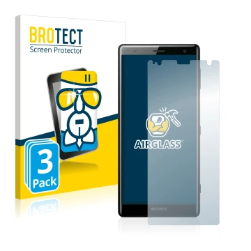 Face avant d’un emballage produit avec le logo de la marque BROTECT. À côté, l’appareil Sony Xperia XZ2 est représenté avec la