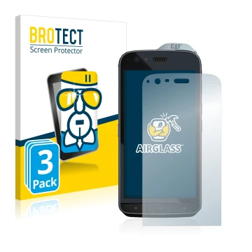 Face avant d’un emballage produit avec le logo de la marque BROTECT. À côté, l’appareil Caterpillar Cat S61 est représenté ave