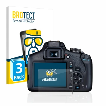 Face avant d’un emballage produit avec le logo de la marque BROTECT. À côté, l’appareil Canon EOS 2000D est représenté avec la
