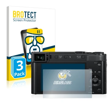 Face avant d’un emballage produit avec le logo de la marque BROTECT. À côté, l’appareil Panasonic Lumix DC-TZ202 est représent
