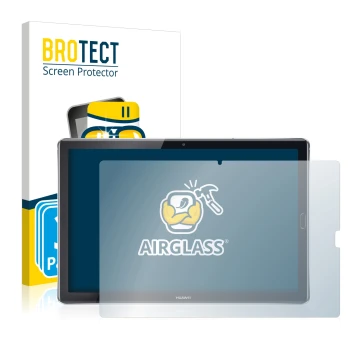 Face avant d’un emballage produit avec le logo de la marque BROTECT. À côté, l’appareil Huawei MediaPad M5 10.8 est représenté