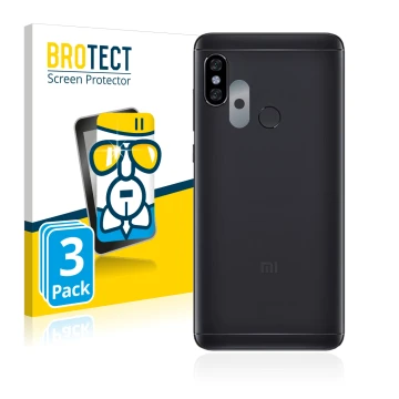 Face avant d’un emballage produit avec le logo de la marque BROTECT. À côté, l’appareil Xiaomi Redmi Note 5 (Caméra UNIQUEMENT
