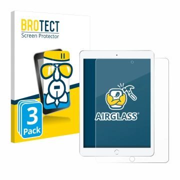 Face avant d’un emballage produit avec le logo de la marque BROTECT. À côté, l’appareil Apple iPad 9.7