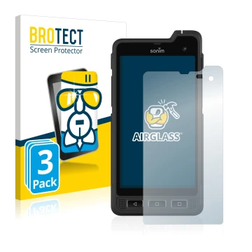 Face avant d’un emballage produit avec le logo de la marque BROTECT. À côté, l’appareil Sonim XP8 est représenté avec la prote