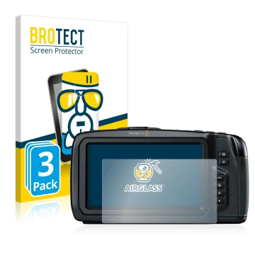 Face avant d’un emballage produit avec le logo de la marque BROTECT. À côté, l’appareil Blackmagic Pocket Cinema Camera 4K est