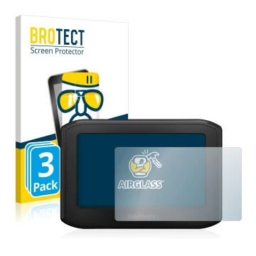 Face avant d’un emballage produit avec le logo de la marque BROTECT. À côté, l’appareil Garmin zumo 396 LMT-S est représenté a