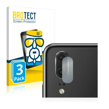 Face avant d’un emballage produit avec le logo de la marque BROTECT. À côté, l’appareil Huawei P20 (Caméra UNIQUEMENT) est rep