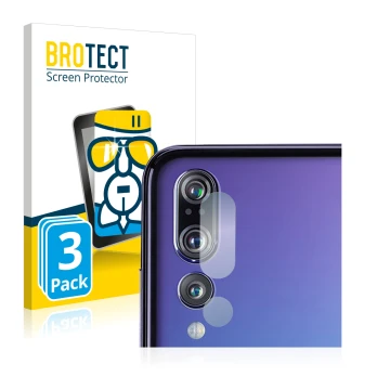 Face avant d’un emballage produit avec le logo de la marque BROTECT. À côté, l’appareil Huawei P20 Pro (Caméra UNIQUEMENT) est