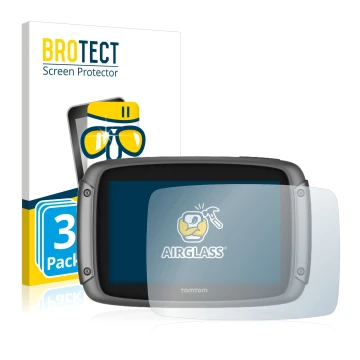 Face avant d’un emballage produit avec le logo de la marque BROTECT. À côté, l’appareil TomTom Rider 500 est représenté avec l