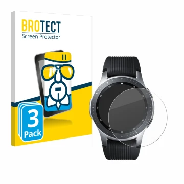 Face avant d’un emballage produit avec le logo de la marque BROTECT. À côté, l’appareil Samsung Galaxy Watch (46 mm) est repré