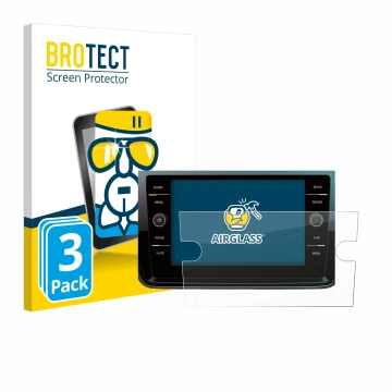 Face avant d’un emballage produit avec le logo de la marque BROTECT. À côté, l’appareil Volkswagen Polo 2018 Composition Media