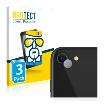 Face avant d’un emballage produit avec le logo de la marque BROTECT. À côté, l’appareil Apple iPhone SE 2 2020 (Caméra UNIQUEM